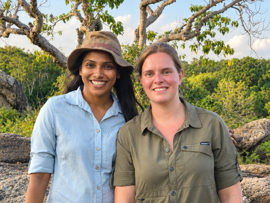 Priyanwada with a guest on a rocky outcrop at sunset