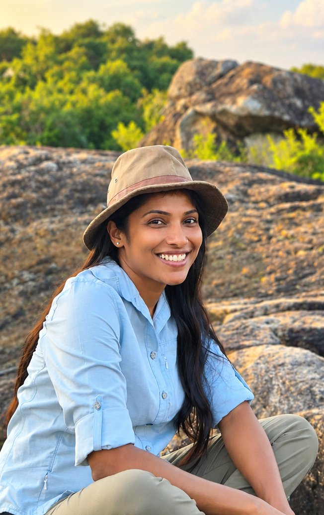Priyanwada Rathnayake, your guide, on a rocky outcrop at golden hour