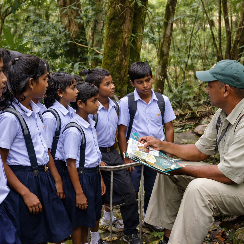 A guide showing a field guide to schoolchildren in the forest