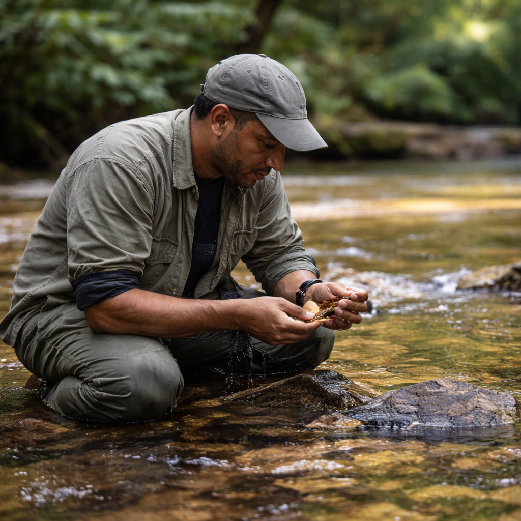 A researcher examining a find in a forest stream