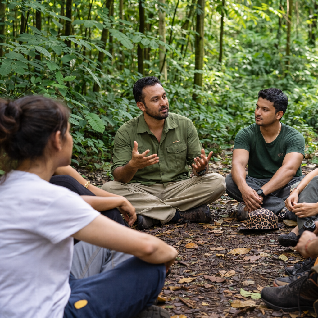A team sitting in a circle in the forest with a guide